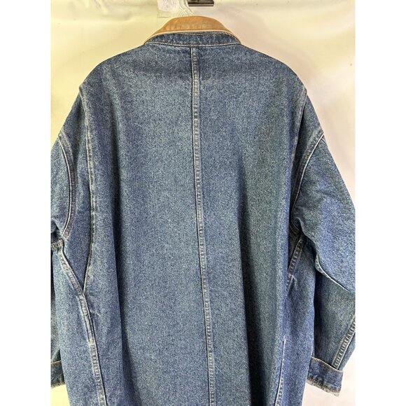 Vintage 90s Leather Collar Denim Jean Trucker Jacket Barn Chore Coat - Picture 10 of 13
